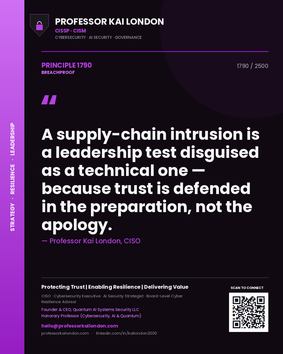 Professor Kai London principle 1790: A supply-chain intrusion is a leadership test disguised as a technical one — because trust is defended in the preparation, not the apology.