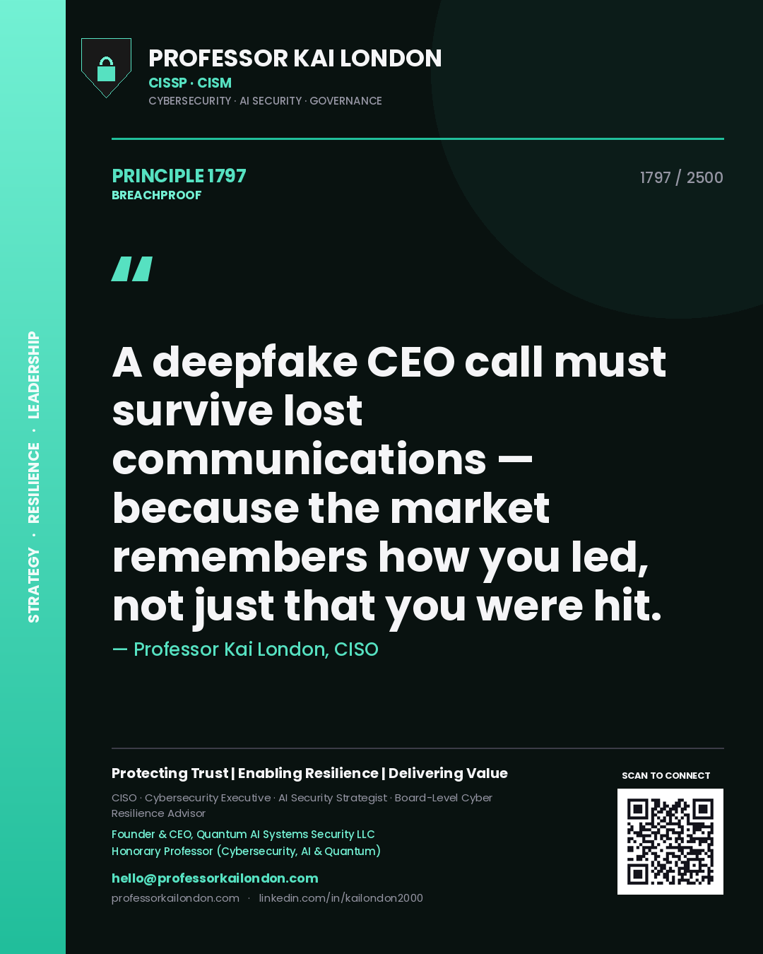 Professor Kai London principle 1797: A deepfake CEO call must survive lost communications — because the market remembers how you led, not just that you were hit.
