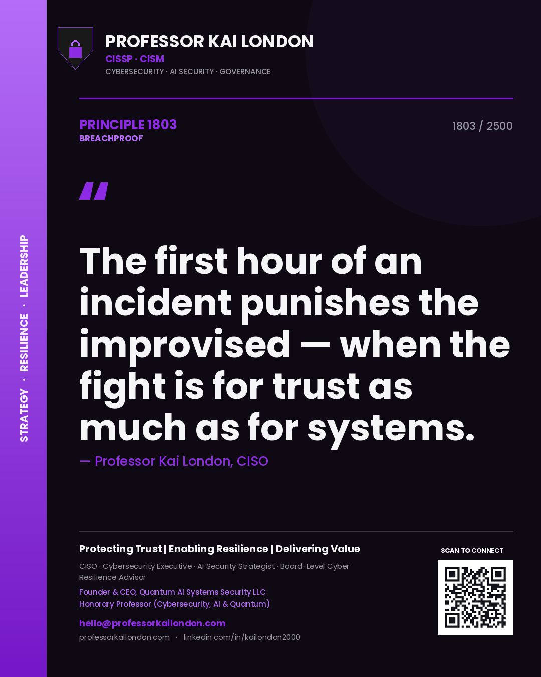 Quote card by Professor Kai London reading 'The first hour of an incident punishes the improvised — when the fight is for trust as much as for systems.'. From the book Breachproof.