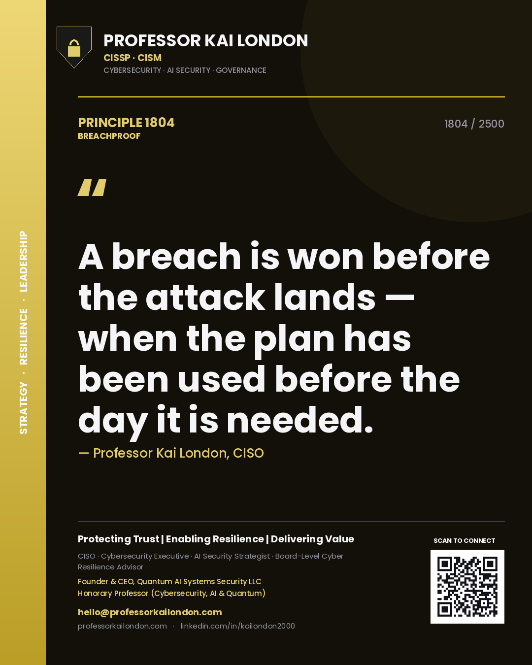 Quote card by Professor Kai London reading 'A breach is won before the attack lands — when the plan has been used before the day it is needed.'. From the book Breachproof.