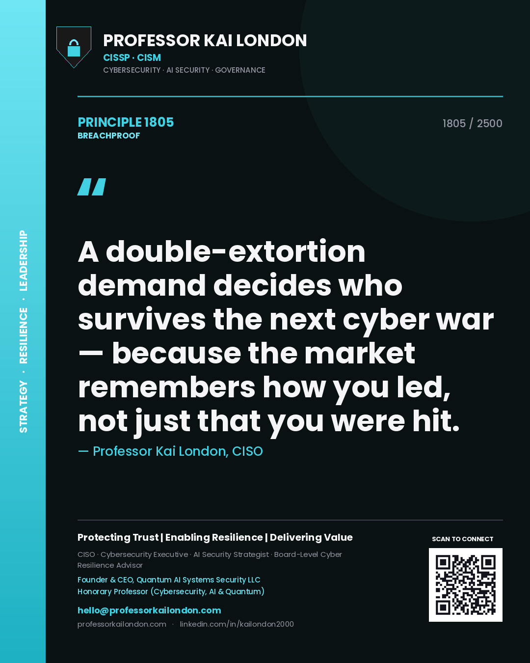 Quote card by Professor Kai London reading 'A double-extortion demand decides who survives the next cyber war — because the market remembers how you led, not just that you were hit.'. From the book Breachproof.