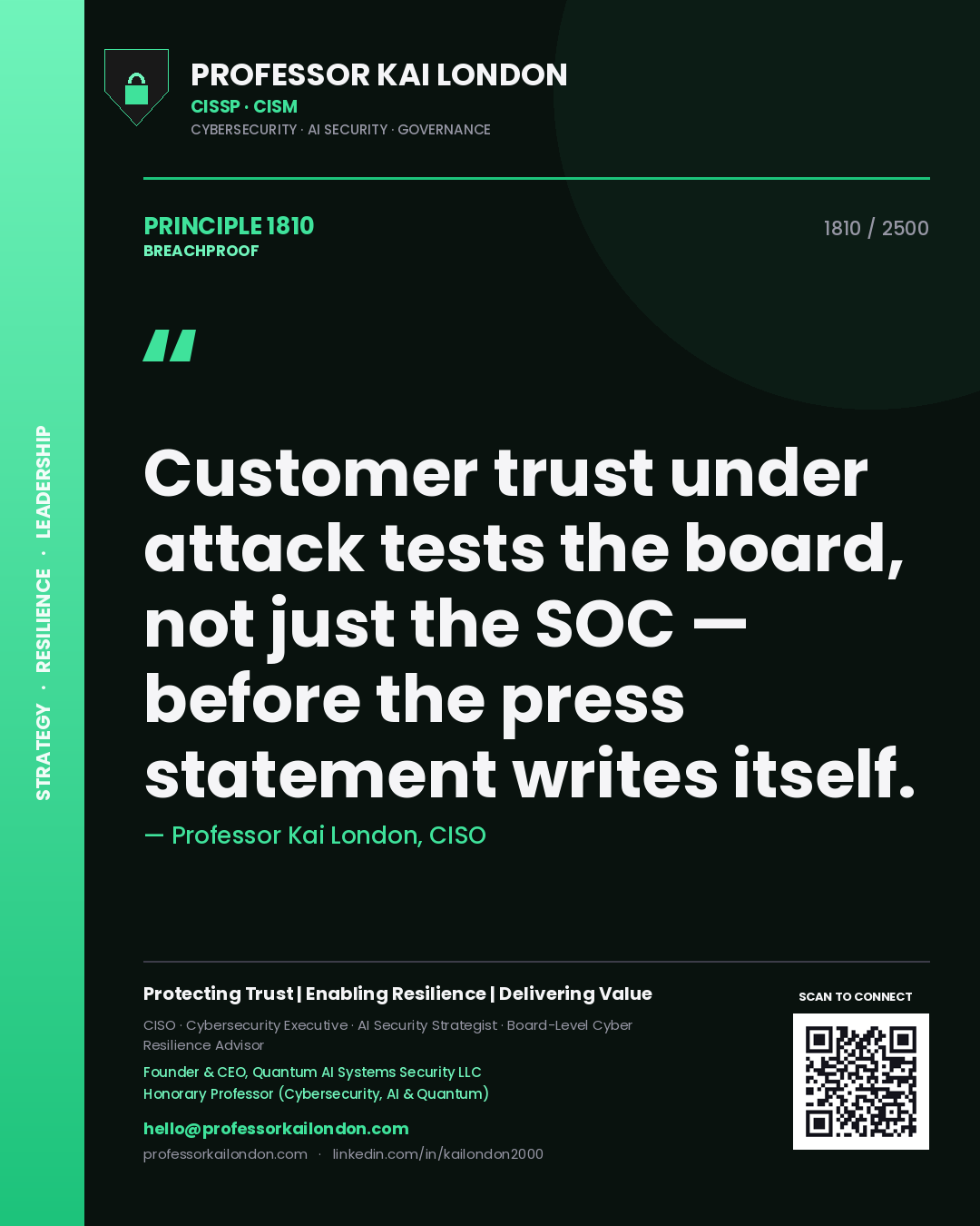 Quote card by Professor Kai London reading 'Customer trust under attack tests the board, not just the SOC — before the press statement writes itself.'. From the book Breachproof.