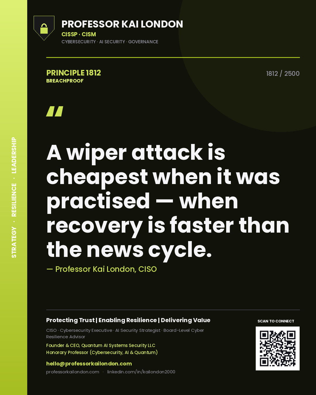 Quote card by Professor Kai London reading 'A wiper attack is cheapest when it was practised — when recovery is faster than the news cycle.'. From the book Breachproof.