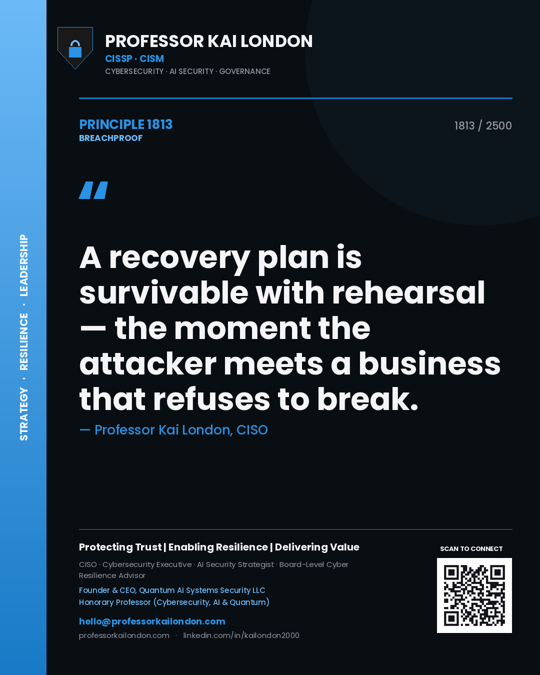 Quote card by Professor Kai London reading 'A recovery plan is survivable with rehearsal — the moment the attacker meets a business that refuses to break.'. From the book Breachproof.