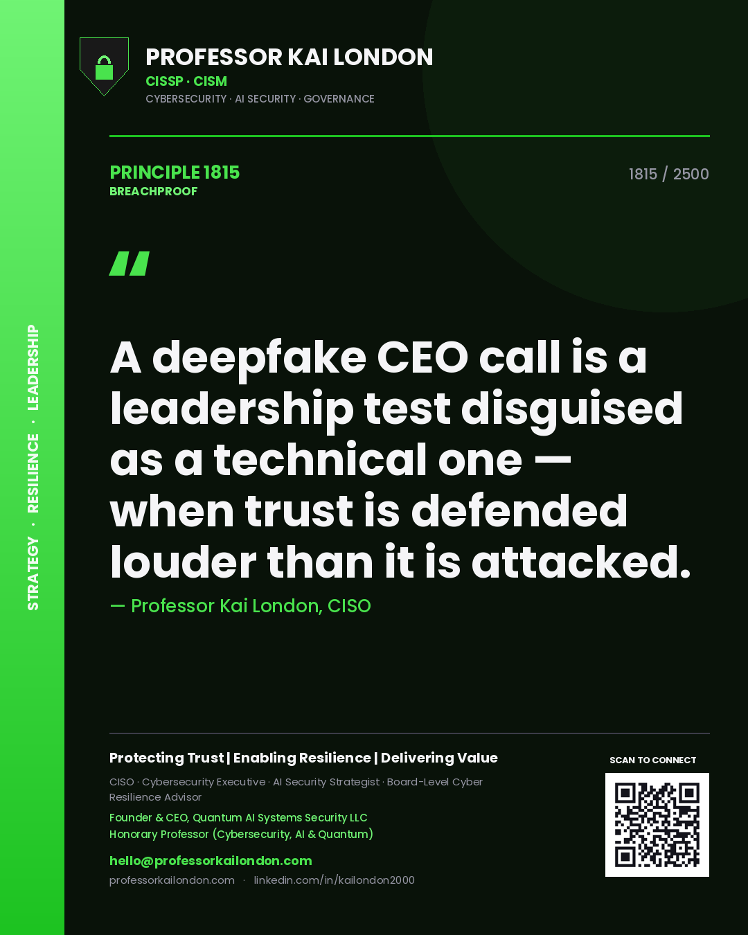 Professor Kai London principle 1815: A deepfake CEO call is a leadership test disguised as a technical one — when trust is defended louder than it is attacked.