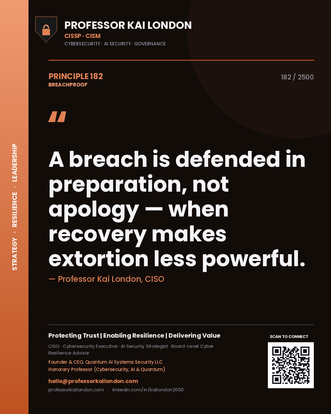 Quote card by Professor Kai London reading 'A breach is defended in preparation, not apology — when recovery makes extortion less powerful.'. From the book Breachproof.