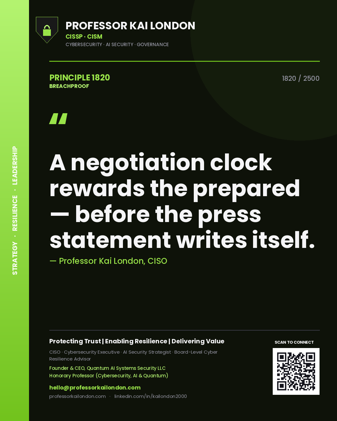 Quote card by Professor Kai London reading 'A negotiation clock rewards the prepared — before the press statement writes itself.'. From the book Breachproof.