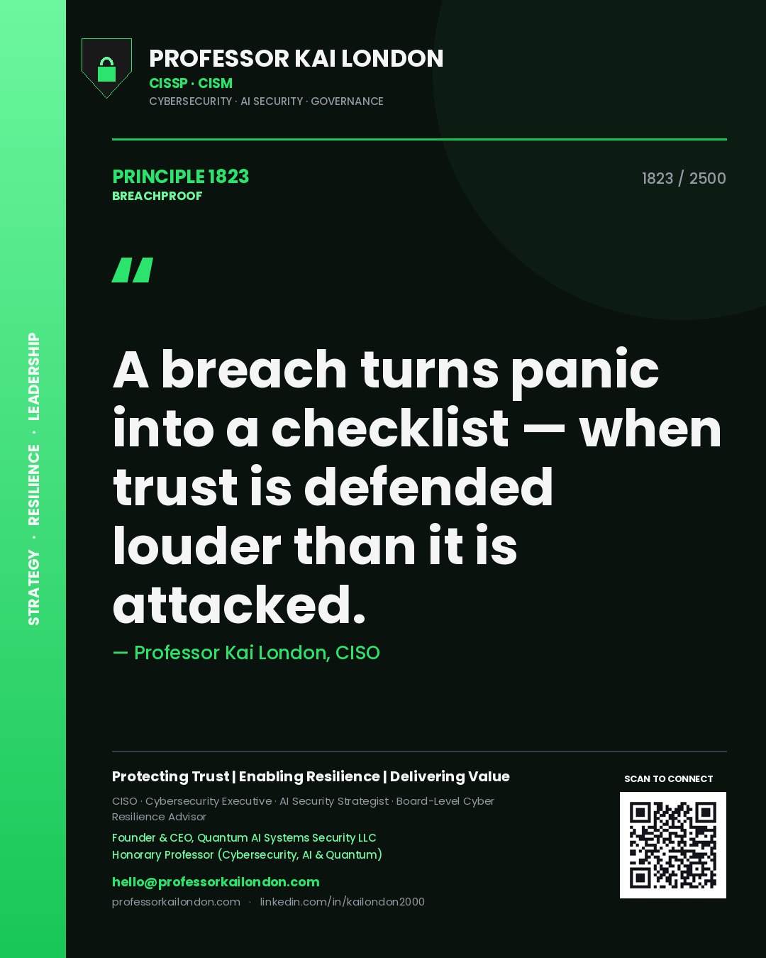 Professor Kai London principle 1823: A breach turns panic into a checklist — when trust is defended louder than it is attacked.