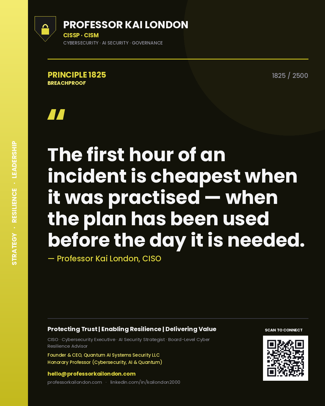 Quote card by Professor Kai London reading 'The first hour of an incident is cheapest when it was practised — when the plan has been used before the day it is needed.'. From the book Breachproof.