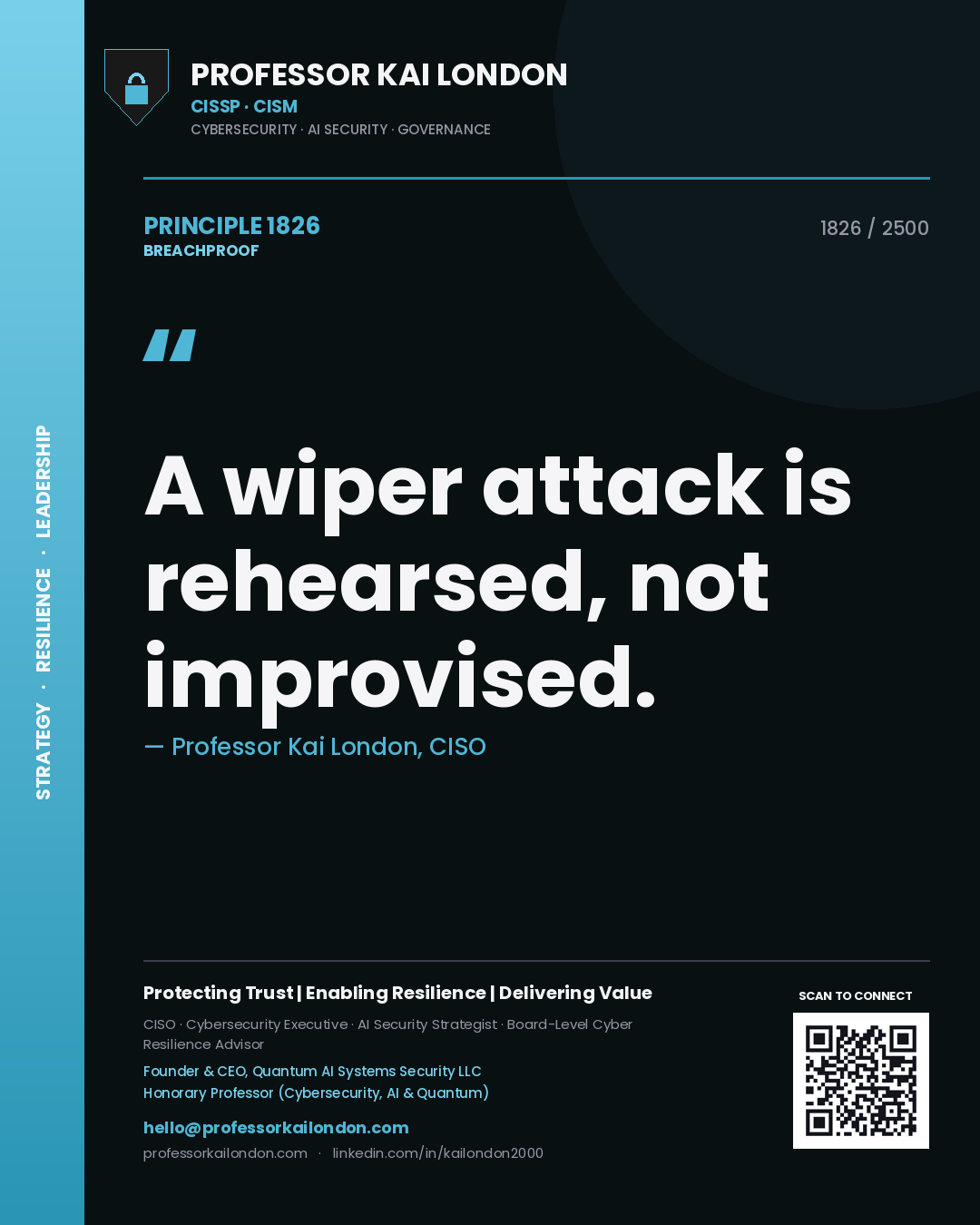 Quote card by Professor Kai London reading 'A wiper attack is rehearsed, not improvised.'. From the book Breachproof.