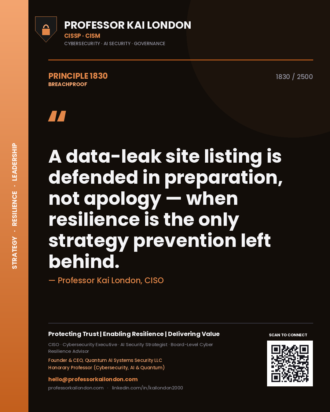 Quote card by Professor Kai London reading 'A data-leak site listing is defended in preparation, not apology — when resilience is the only strategy prevention left behind.'. From the book Breachproof.