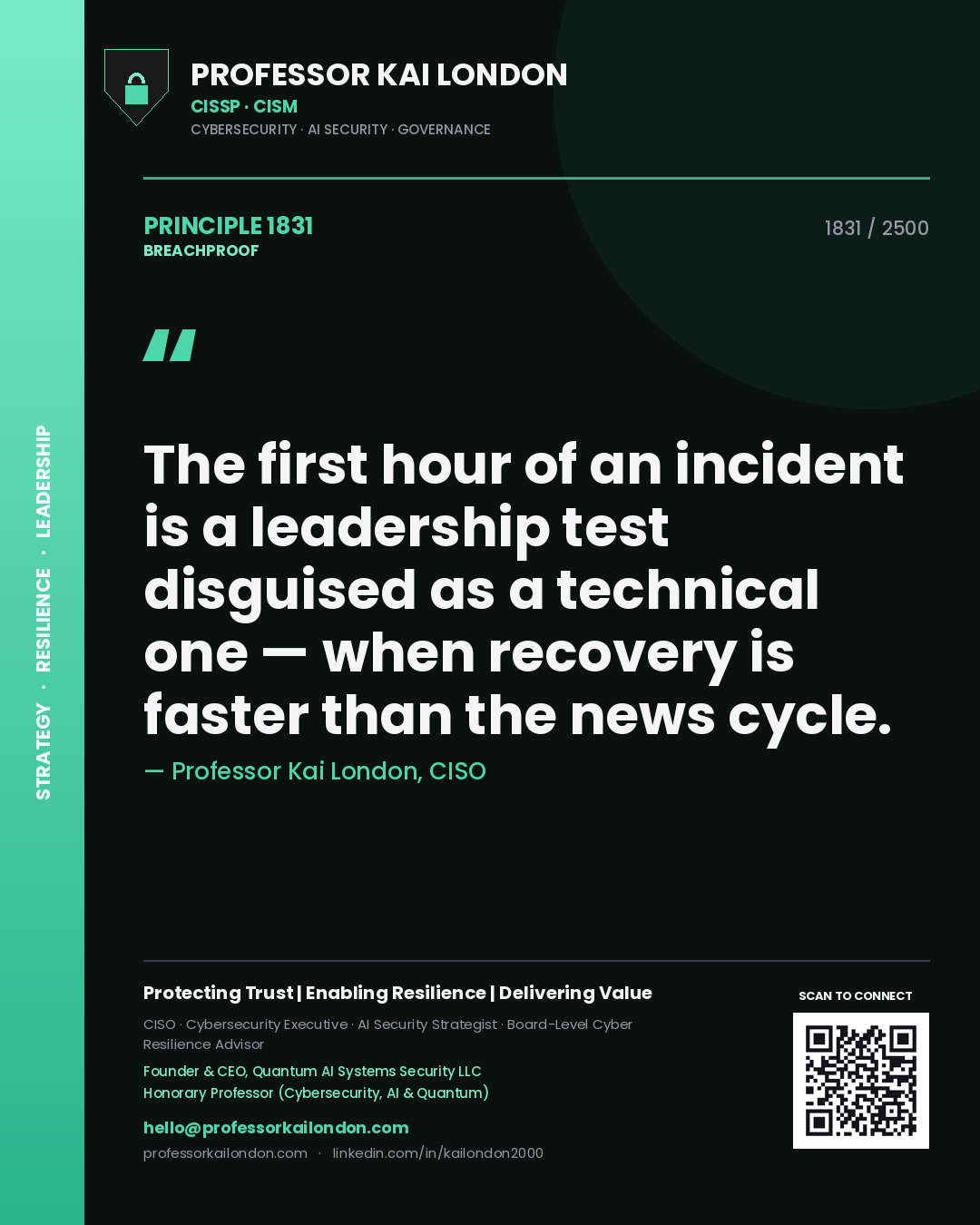 Quote card by Professor Kai London reading 'The first hour of an incident is a leadership test disguised as a technical one — when recovery is faster than the news cycle.'. From the book Breachproof.