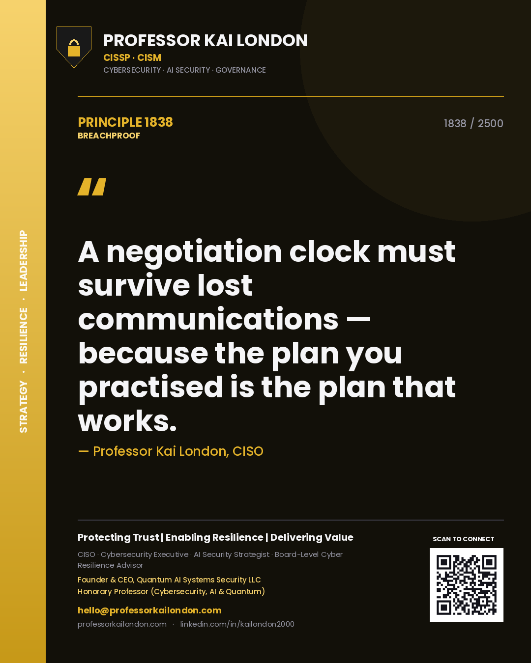 Quote card by Professor Kai London reading 'A negotiation clock must survive lost communications — because the plan you practised is the plan that works.'. From the book Breachproof.