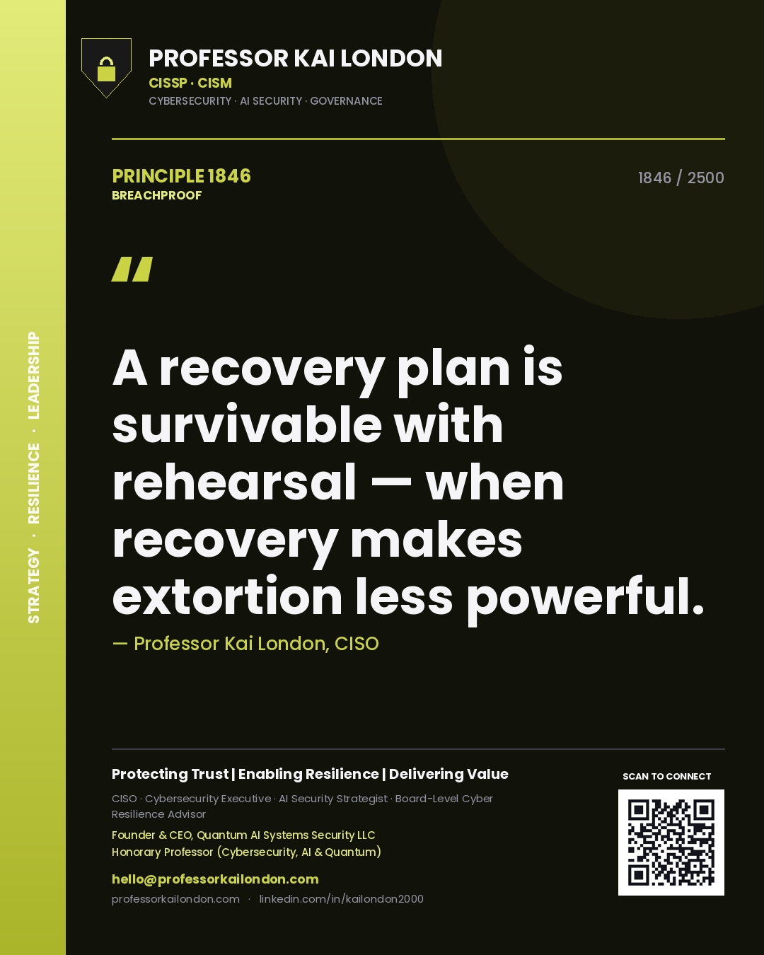 Quote card by Professor Kai London reading 'A recovery plan is survivable with rehearsal — when recovery makes extortion less powerful.'. From the book Breachproof.