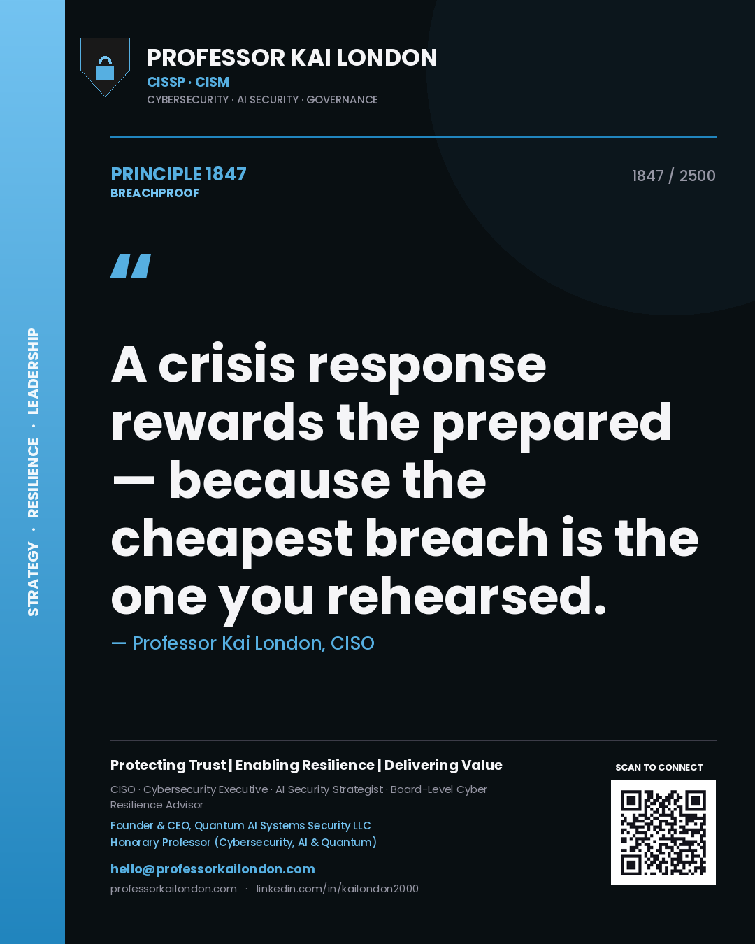 Quote card by Professor Kai London reading 'A crisis response rewards the prepared — because the cheapest breach is the one you rehearsed.'. From the book Breachproof.