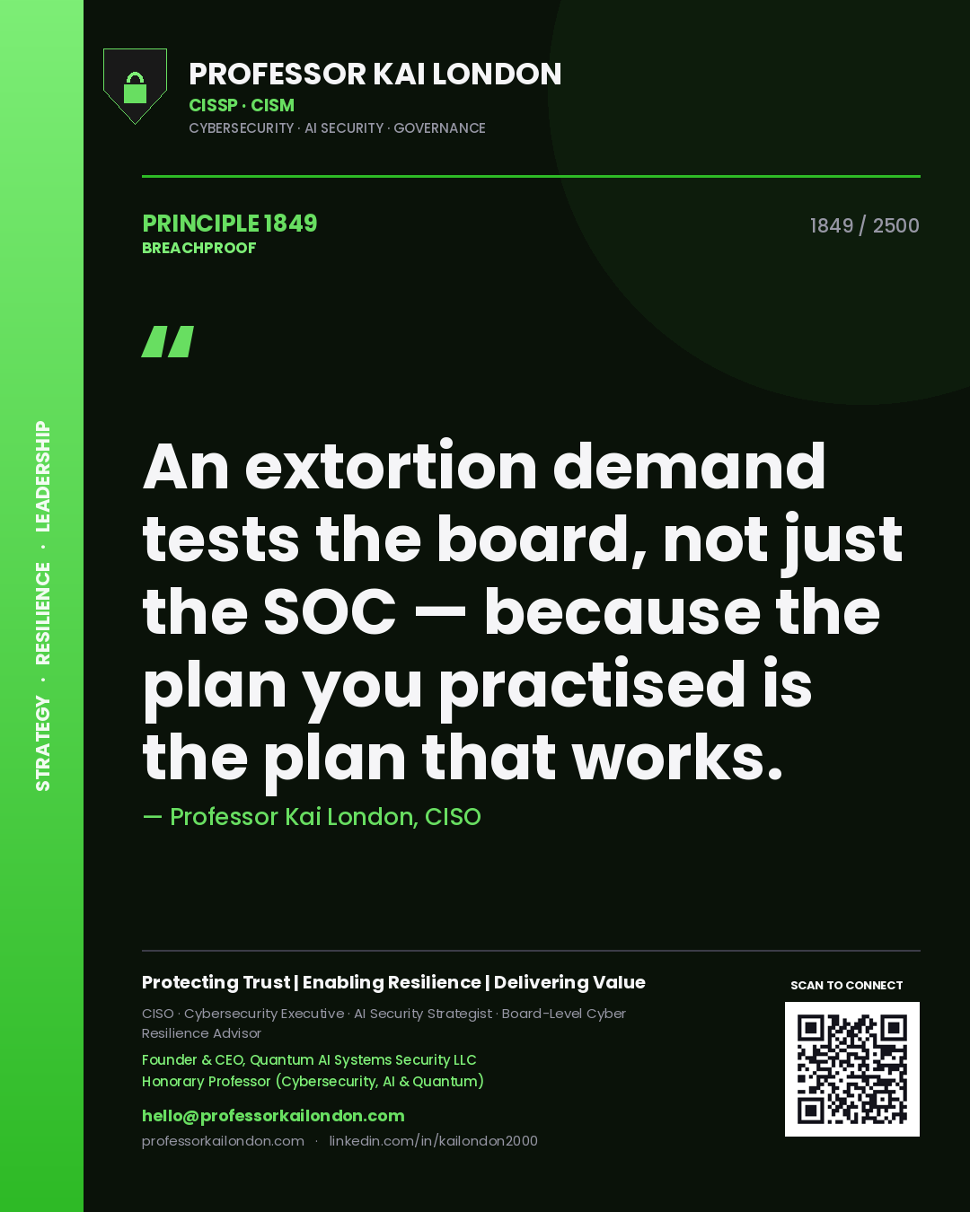 Professor Kai London principle 1849: An extortion demand tests the board, not just the SOC — because the plan you practised is the plan that works.