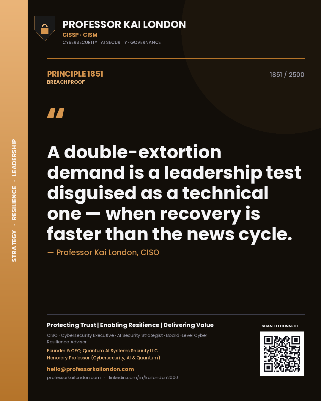 Quote card by Professor Kai London reading 'A double-extortion demand is a leadership test disguised as a technical one — when recovery is faster than the news cycle.'. From the book Breachproof.