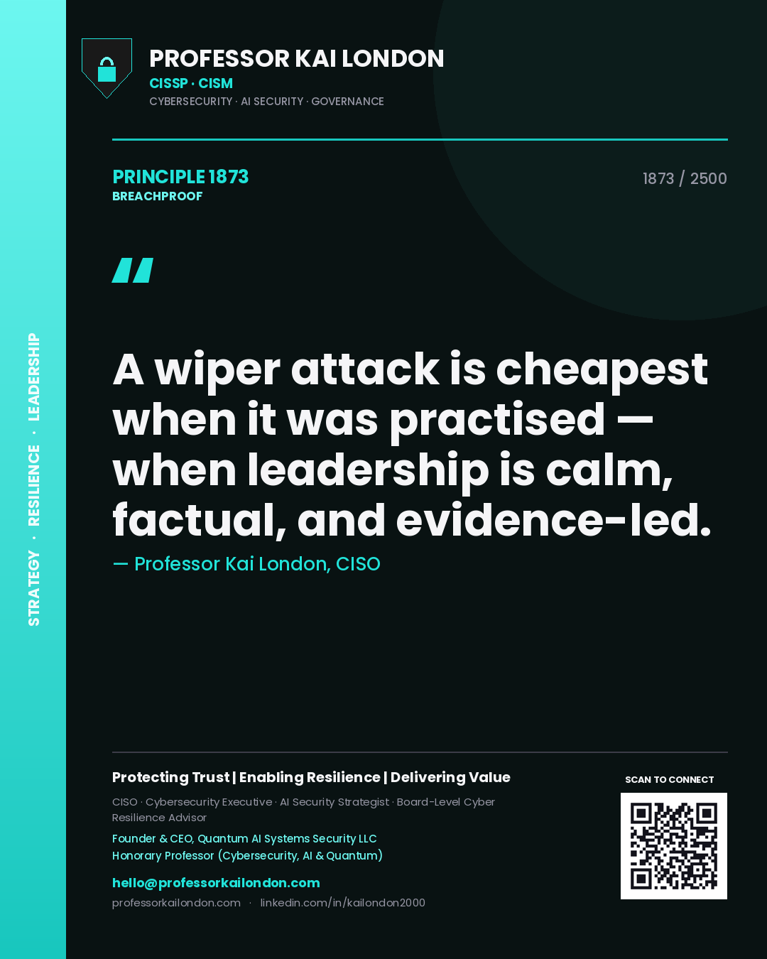 Quote card by Professor Kai London reading 'A wiper attack is cheapest when it was practised — when leadership is calm, factual, and evidence-led.'. From the book Breachproof.