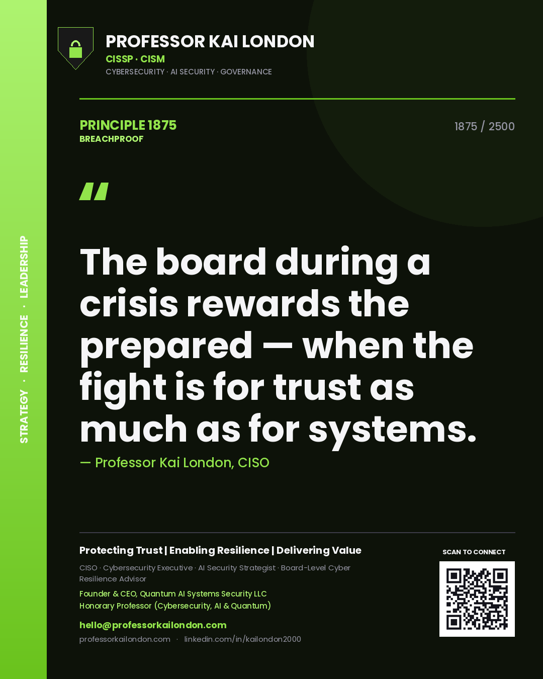 Quote card by Professor Kai London reading 'The board during a crisis rewards the prepared — when the fight is for trust as much as for systems.'. From the book Breachproof.