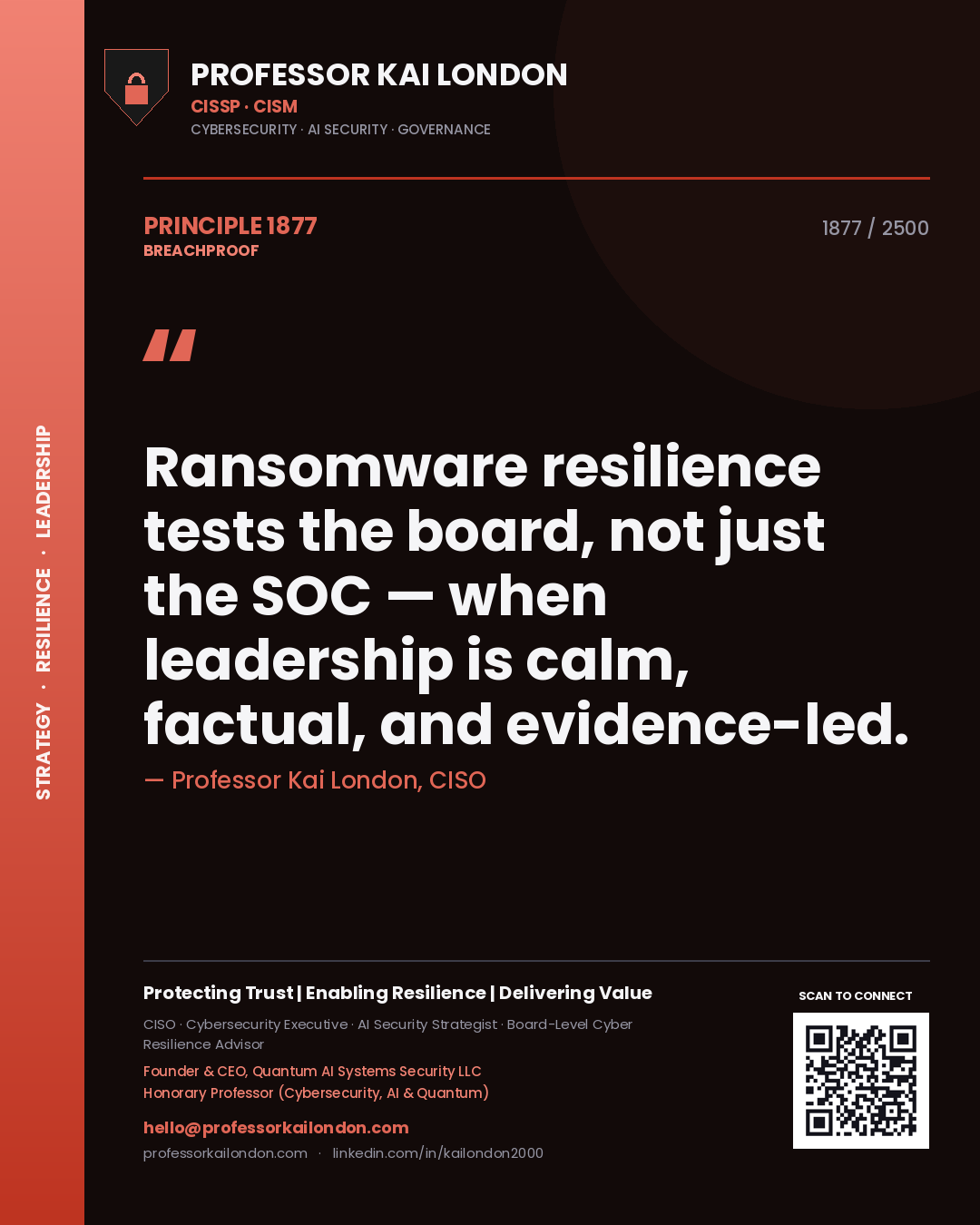 Professor Kai London principle 1877: Ransomware resilience tests the board, not just the SOC — when leadership is calm, factual, and evidence-led.