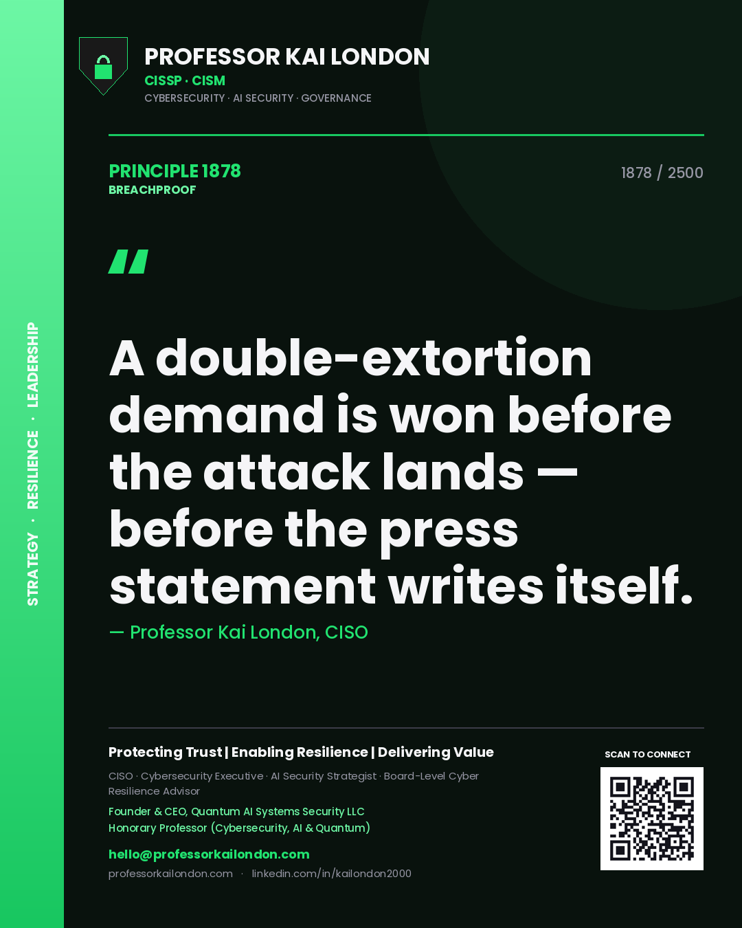 Quote card by Professor Kai London reading 'A double-extortion demand is won before the attack lands — before the press statement writes itself.'. From the book Breachproof.