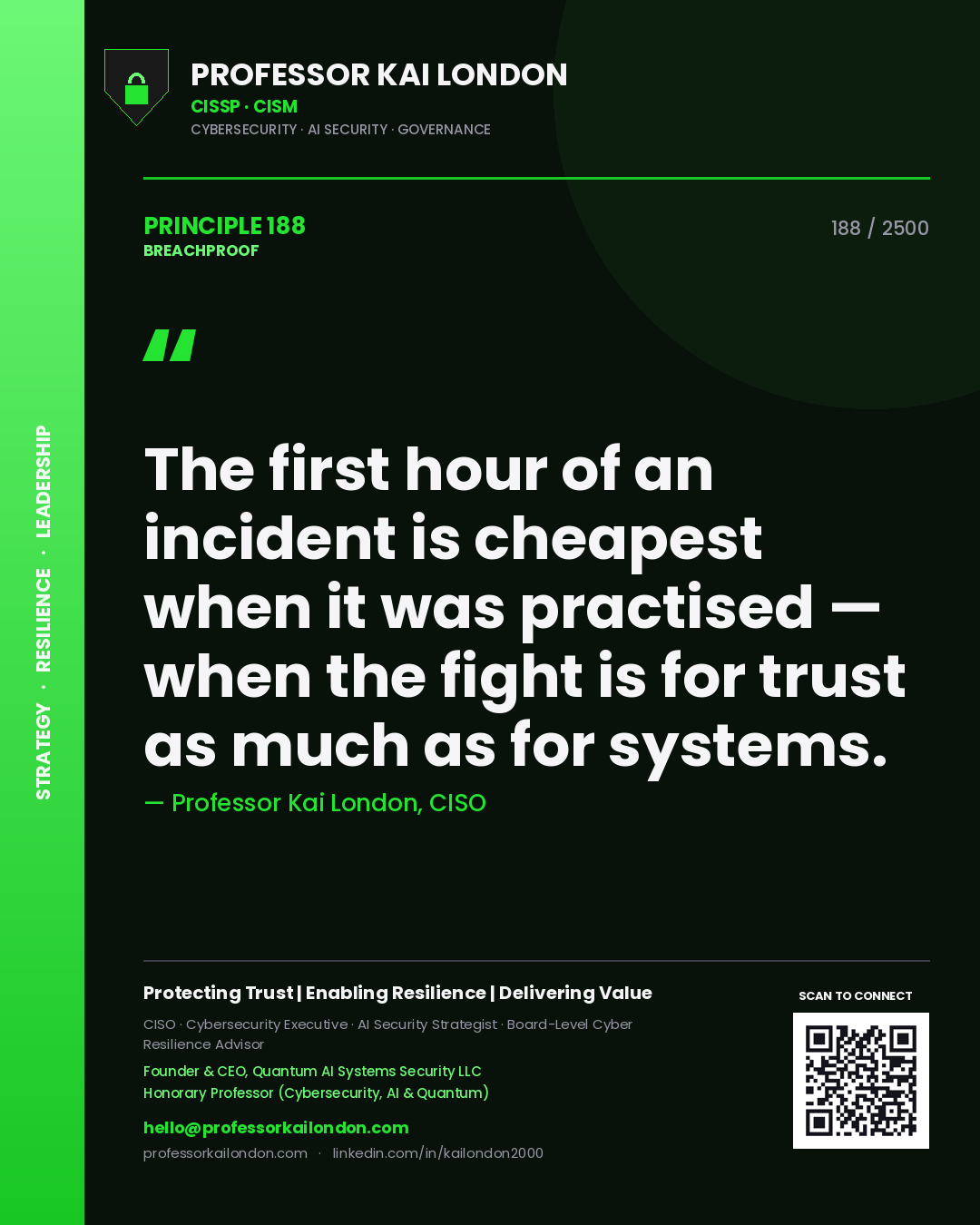 Quote card by Professor Kai London reading 'The first hour of an incident is cheapest when it was practised — when the fight is for trust as much as for systems.'. From the book Breachproof.