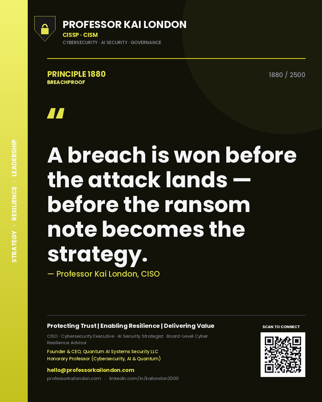 Quote card by Professor Kai London reading 'A breach is won before the attack lands — before the ransom note becomes the strategy.'. From the book Breachproof.