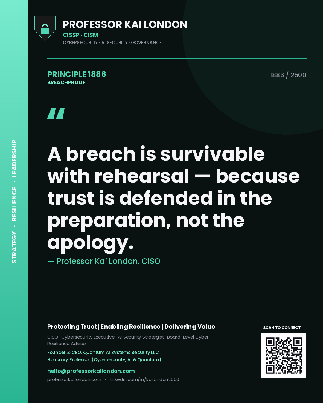 Quote card by Professor Kai London reading 'A breach is survivable with rehearsal — because trust is defended in the preparation, not the apology.'. From the book Breachproof.