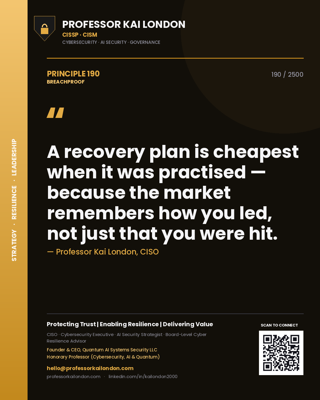 Quote card by Professor Kai London reading 'A recovery plan is cheapest when it was practised — because the market remembers how you led, not just that you were hit.'. From the book Breachproof.