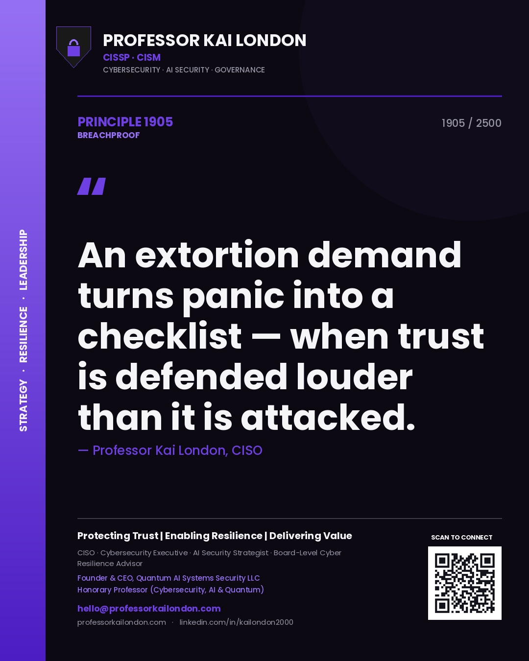 Quote card by Professor Kai London reading 'An extortion demand turns panic into a checklist — when trust is defended louder than it is attacked.'. From the book Breachproof.