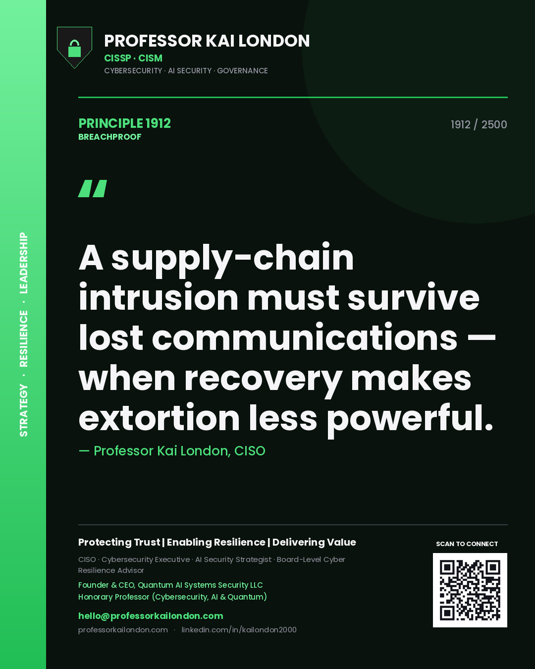 Quote card by Professor Kai London reading 'A supply-chain intrusion must survive lost communications — when recovery makes extortion less powerful.'. From the book Breachproof.