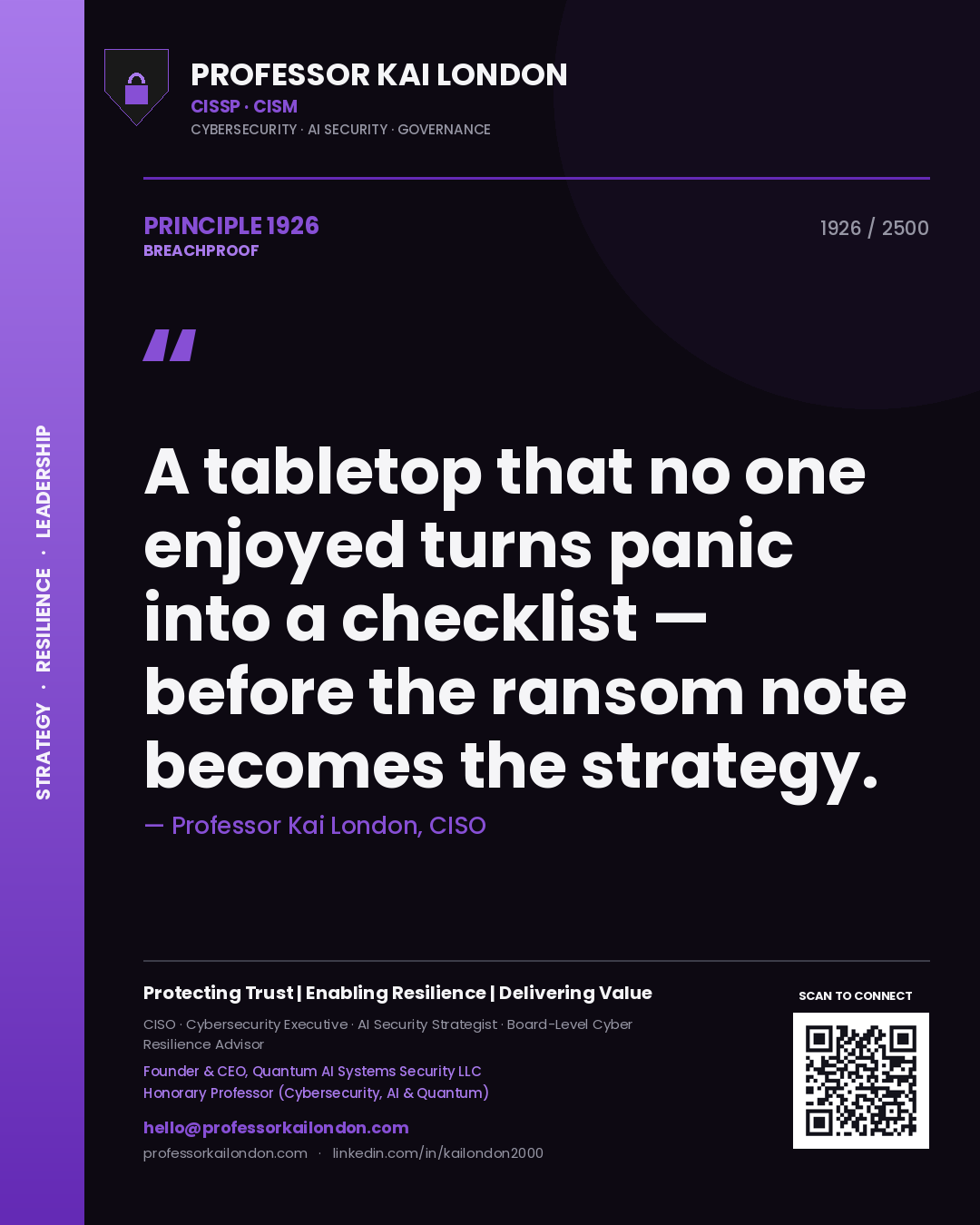 Quote card by Professor Kai London reading 'A tabletop that no one enjoyed turns panic into a checklist — before the ransom note becomes the strategy.'. From the book Breachproof.
