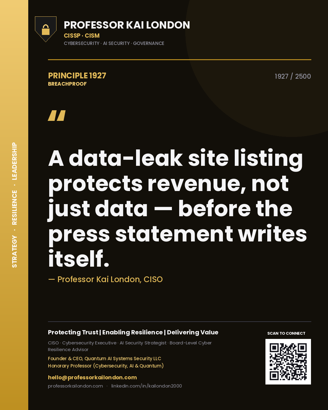 Professor Kai London principle 1927: A data-leak site listing protects revenue, not just data — before the press statement writes itself.