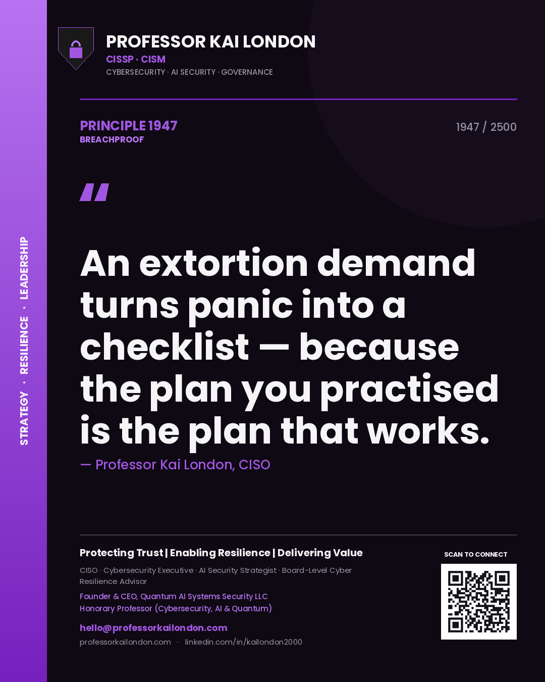 Professor Kai London principle 1947: An extortion demand turns panic into a checklist — because the plan you practised is the plan that works.