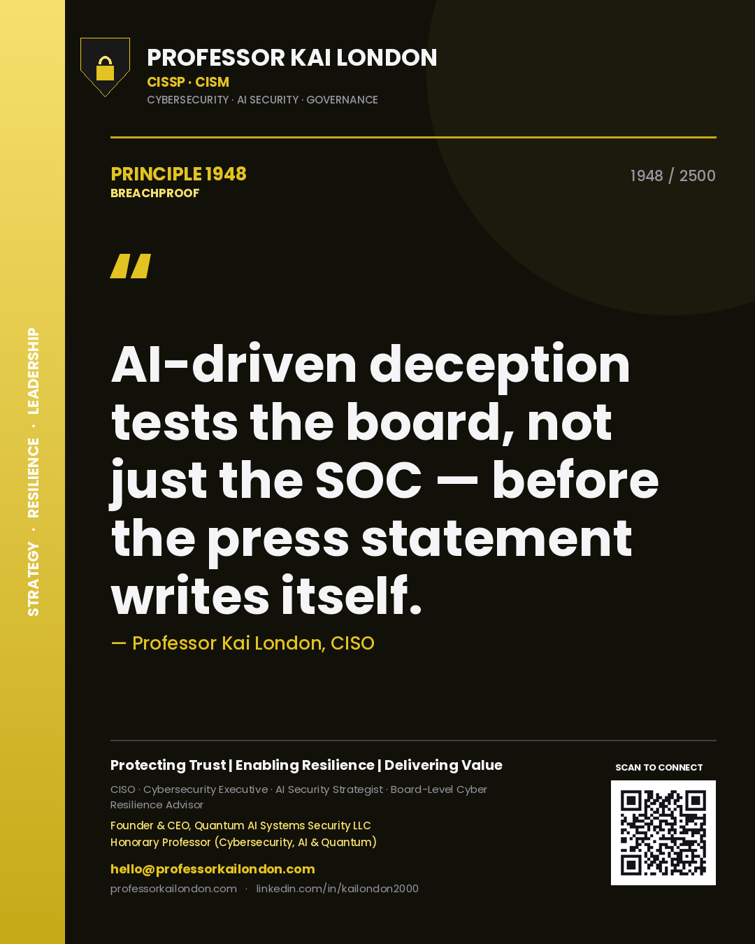 Quote card by Professor Kai London reading 'AI-driven deception tests the board, not just the SOC — before the press statement writes itself.'. From the book Breachproof.