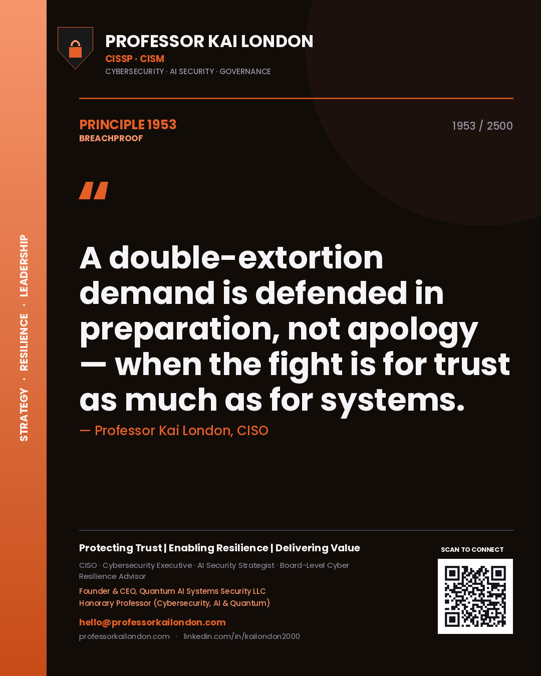 Quote card by Professor Kai London reading 'A double-extortion demand is defended in preparation, not apology — when the fight is for trust as much as for systems.'. From the book Breachproof.