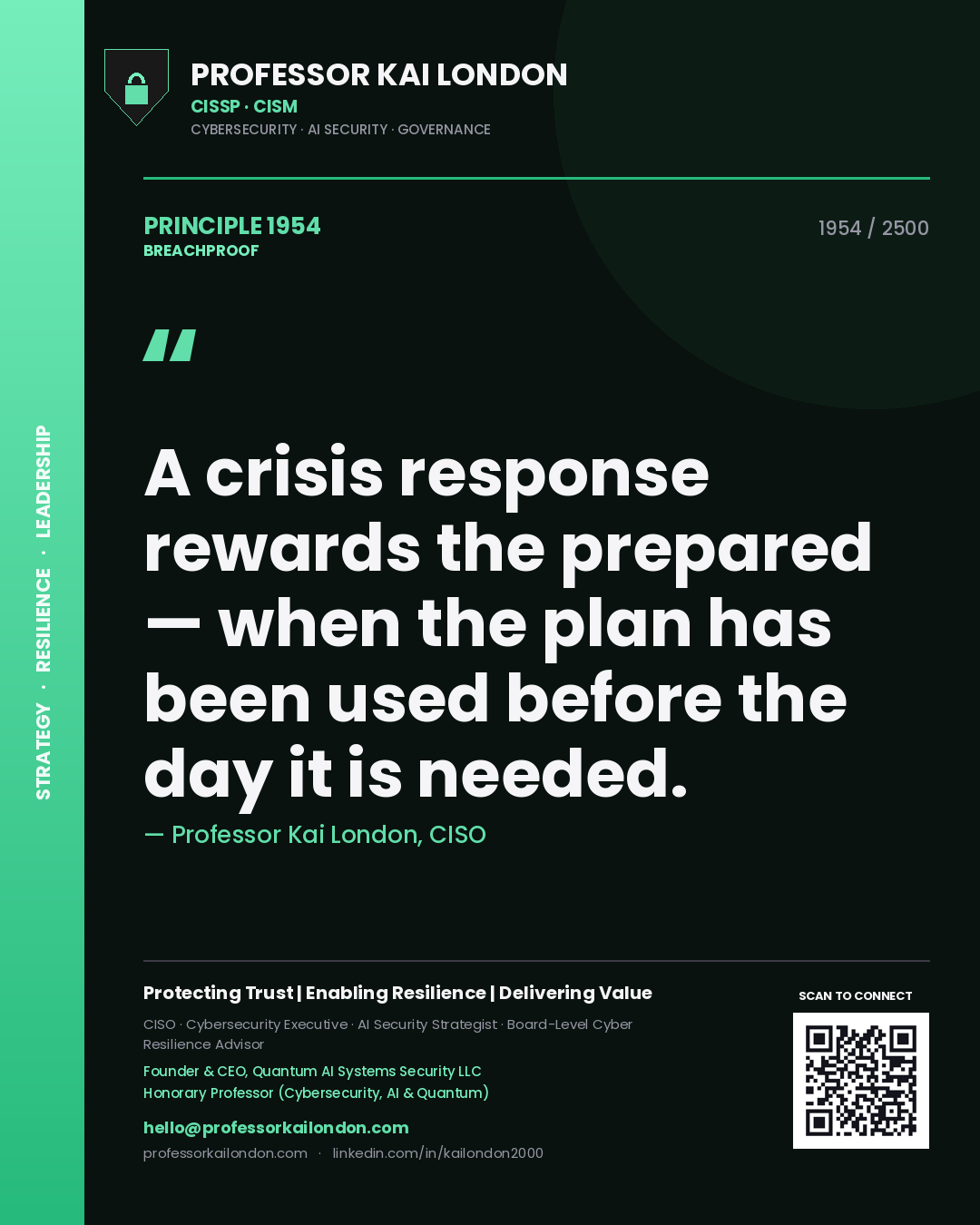 Quote card by Professor Kai London reading 'A crisis response rewards the prepared — when the plan has been used before the day it is needed.'. From the book Breachproof.