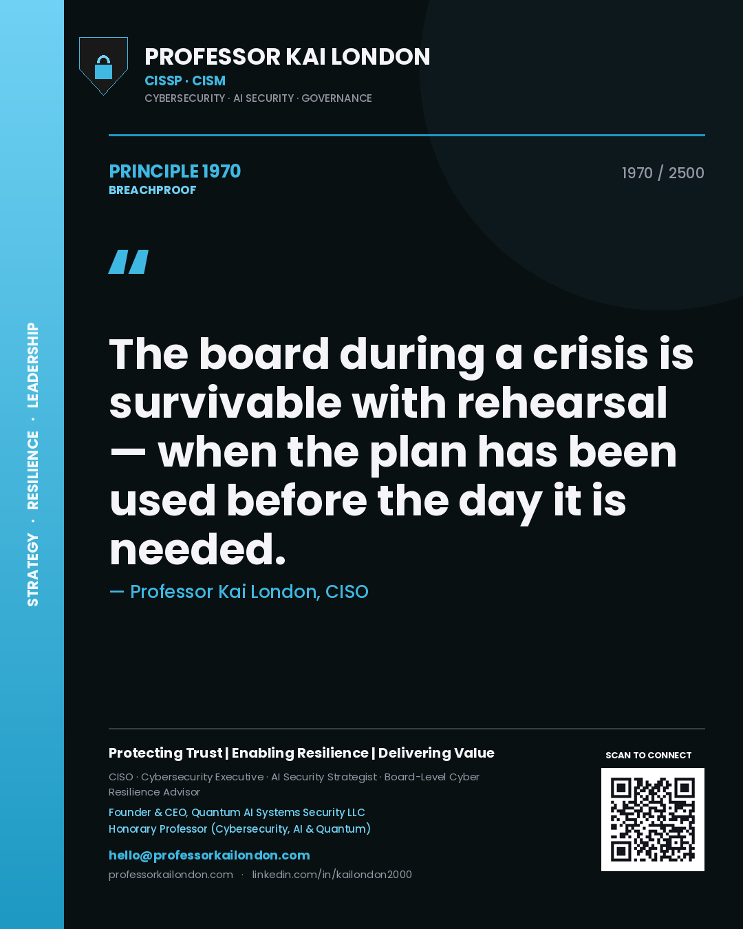 Quote card by Professor Kai London reading 'The board during a crisis is survivable with rehearsal — when the plan has been used before the day it is needed.'. From the book Breachproof.