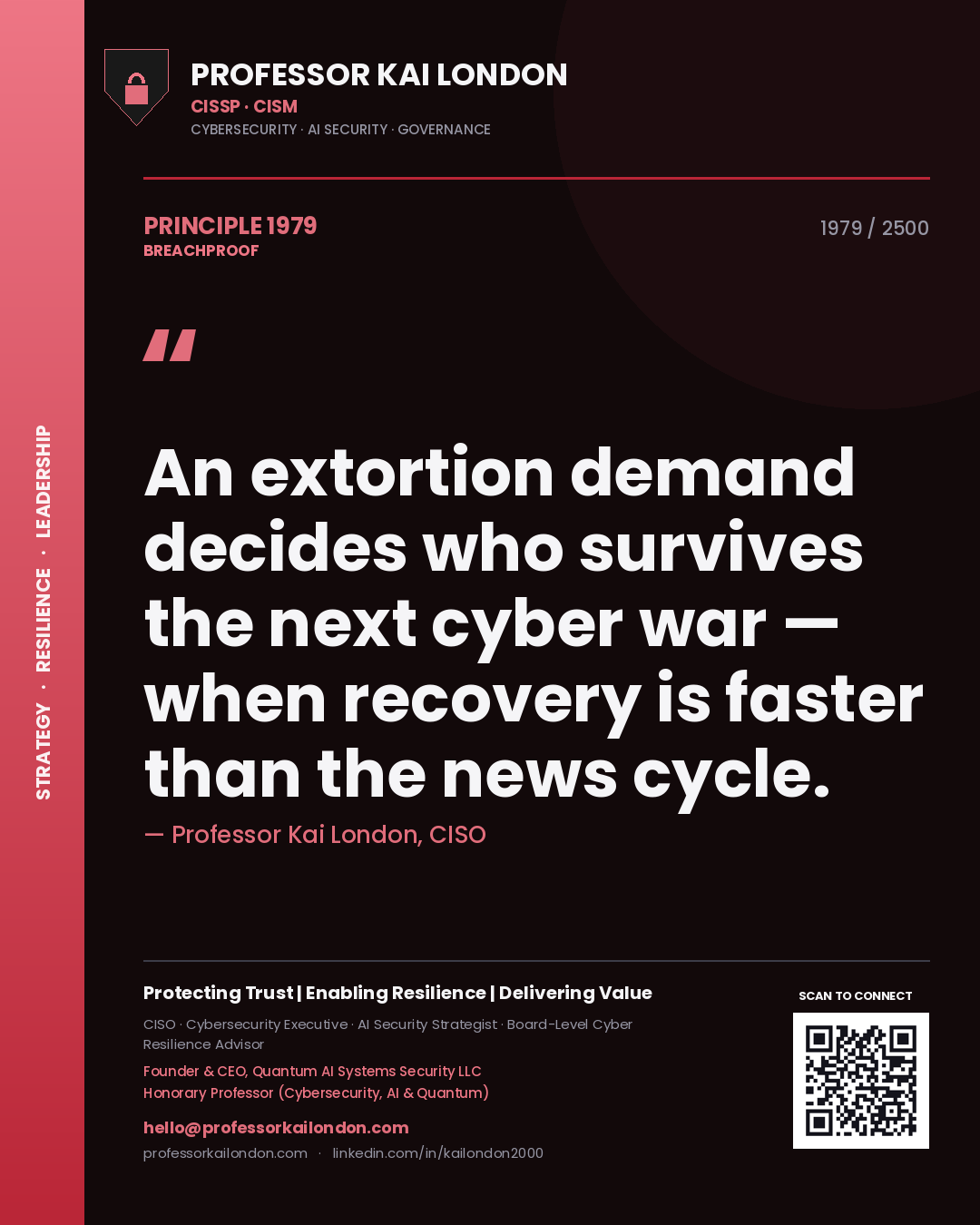 Quote card by Professor Kai London reading 'An extortion demand decides who survives the next cyber war — when recovery is faster than the news cycle.'. From the book Breachproof.