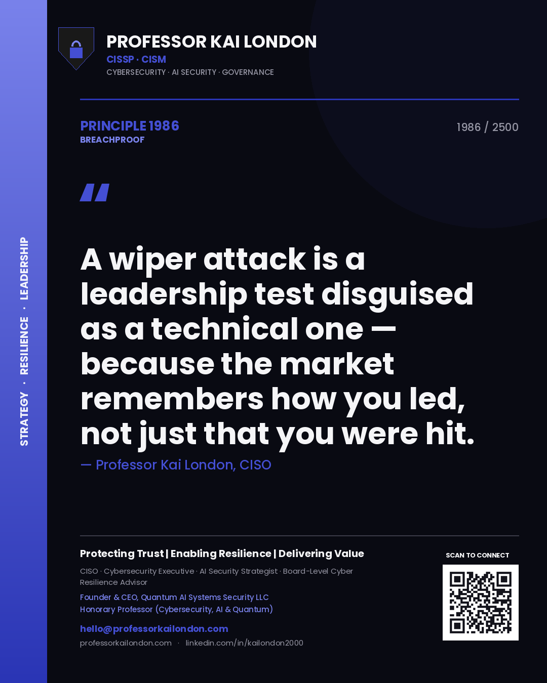 Quote card by Professor Kai London reading 'A wiper attack is a leadership test disguised as a technical one — because the market remembers how you led, not just that you were hit.'. From the book Breachproof.