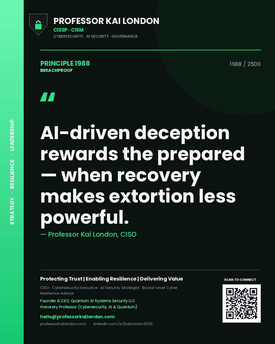 Quote card by Professor Kai London reading 'AI-driven deception rewards the prepared — when recovery makes extortion less powerful.'. From the book Breachproof.