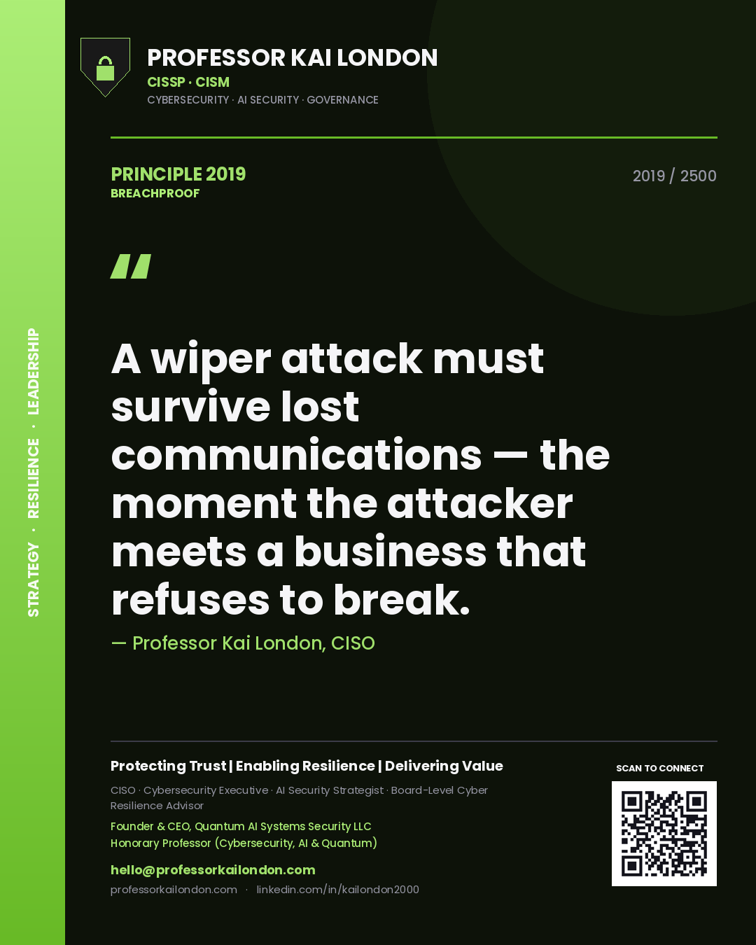 Quote card by Professor Kai London reading 'A wiper attack must survive lost communications — the moment the attacker meets a business that refuses to break.'. From the book Breachproof.