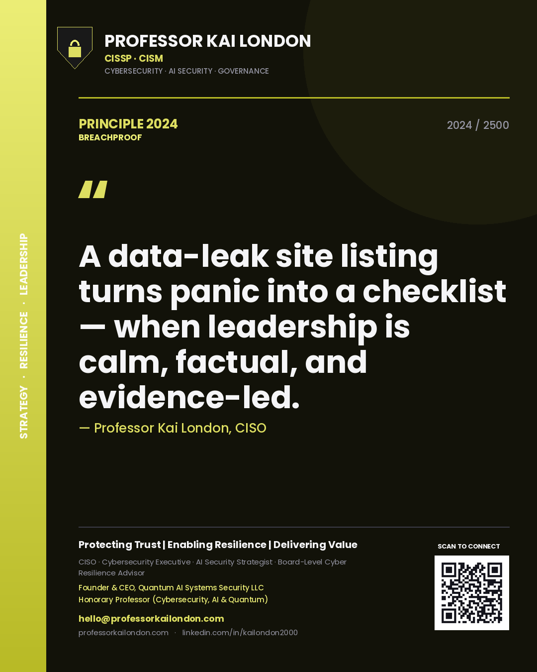 Professor Kai London principle 2024: A data-leak site listing turns panic into a checklist — when leadership is calm, factual, and evidence-led.