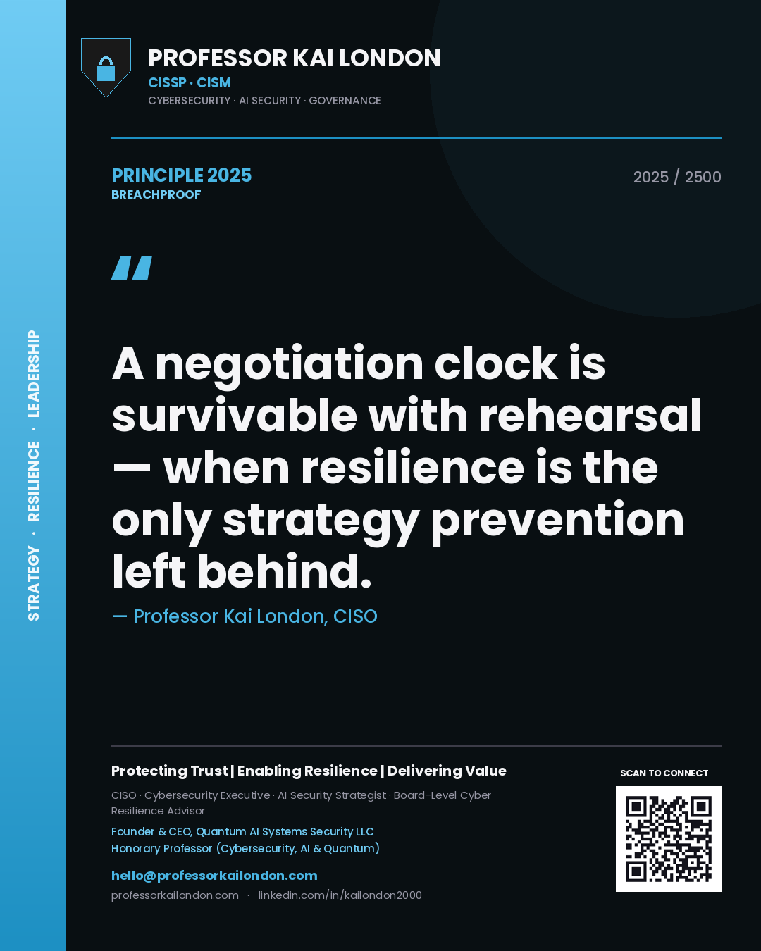 Quote card by Professor Kai London reading 'A negotiation clock is survivable with rehearsal — when resilience is the only strategy prevention left behind.'. From the book Breachproof.