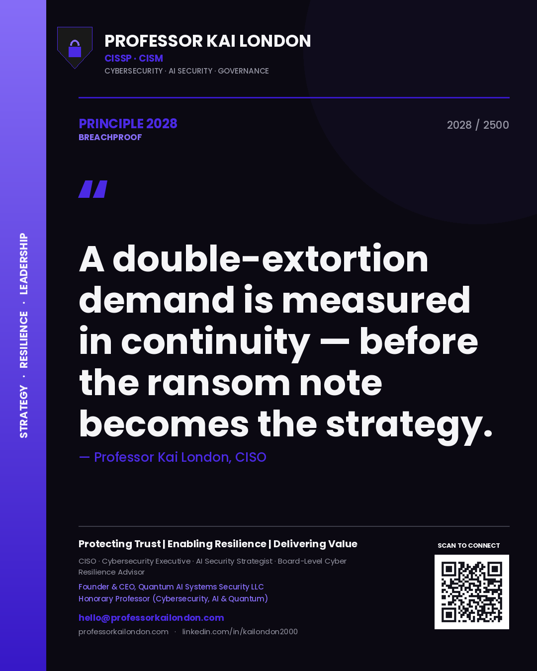 Professor Kai London principle 2028: A double-extortion demand is measured in continuity — before the ransom note becomes the strategy.