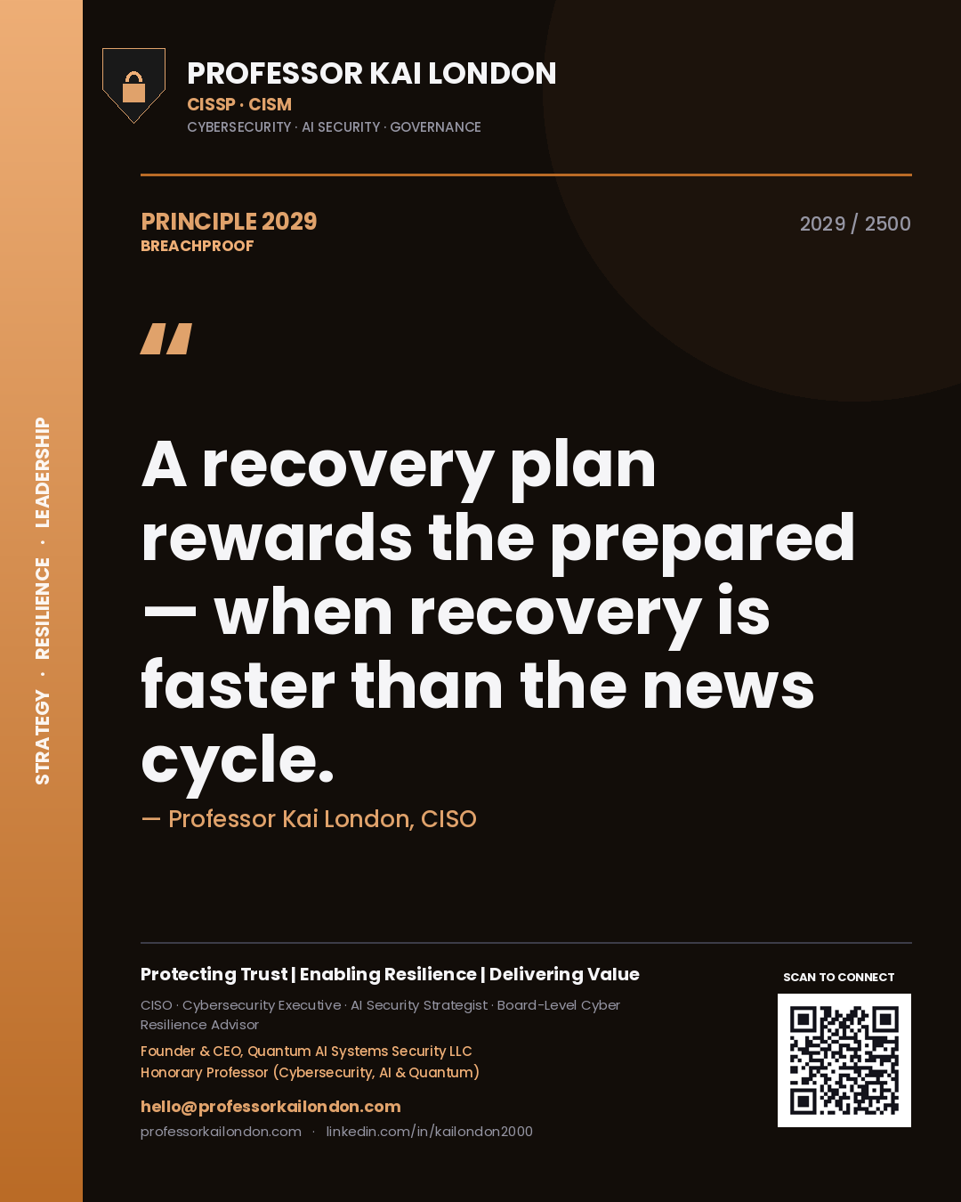 Quote card by Professor Kai London reading 'A recovery plan rewards the prepared — when recovery is faster than the news cycle.'. From the book Breachproof.