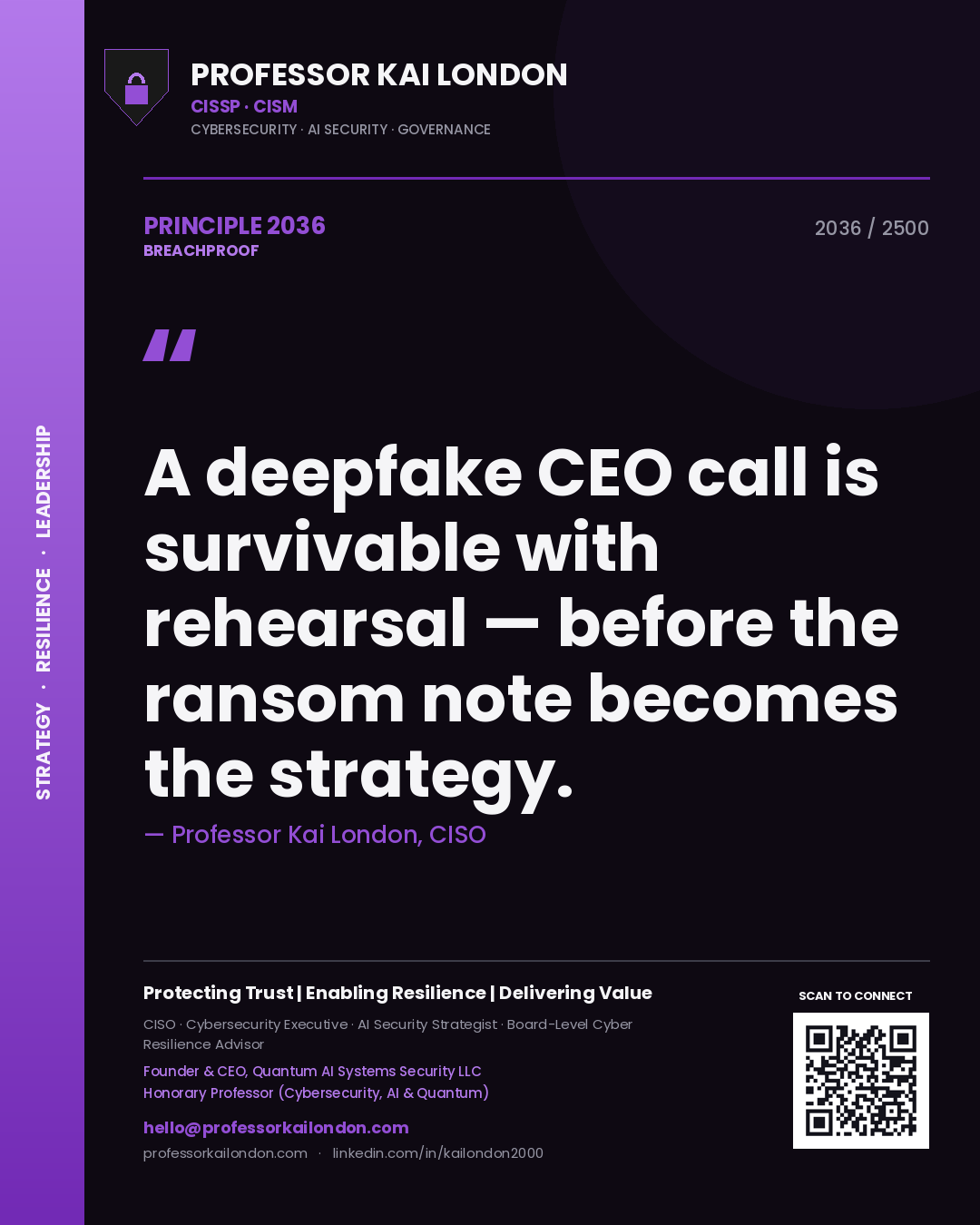 Professor Kai London principle 2036: A deepfake CEO call is survivable with rehearsal — before the ransom note becomes the strategy.