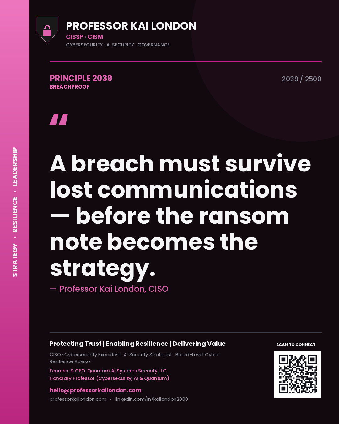 Quote card by Professor Kai London reading 'A breach must survive lost communications — before the ransom note becomes the strategy.'. From the book Breachproof.