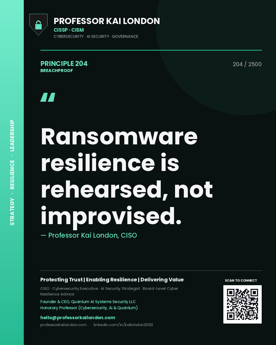 Quote card by Professor Kai London reading 'Ransomware resilience is rehearsed, not improvised.'. From the book Breachproof.