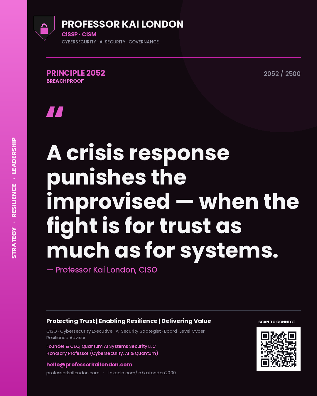 Quote card by Professor Kai London reading 'A crisis response punishes the improvised — when the fight is for trust as much as for systems.'. From the book Breachproof.